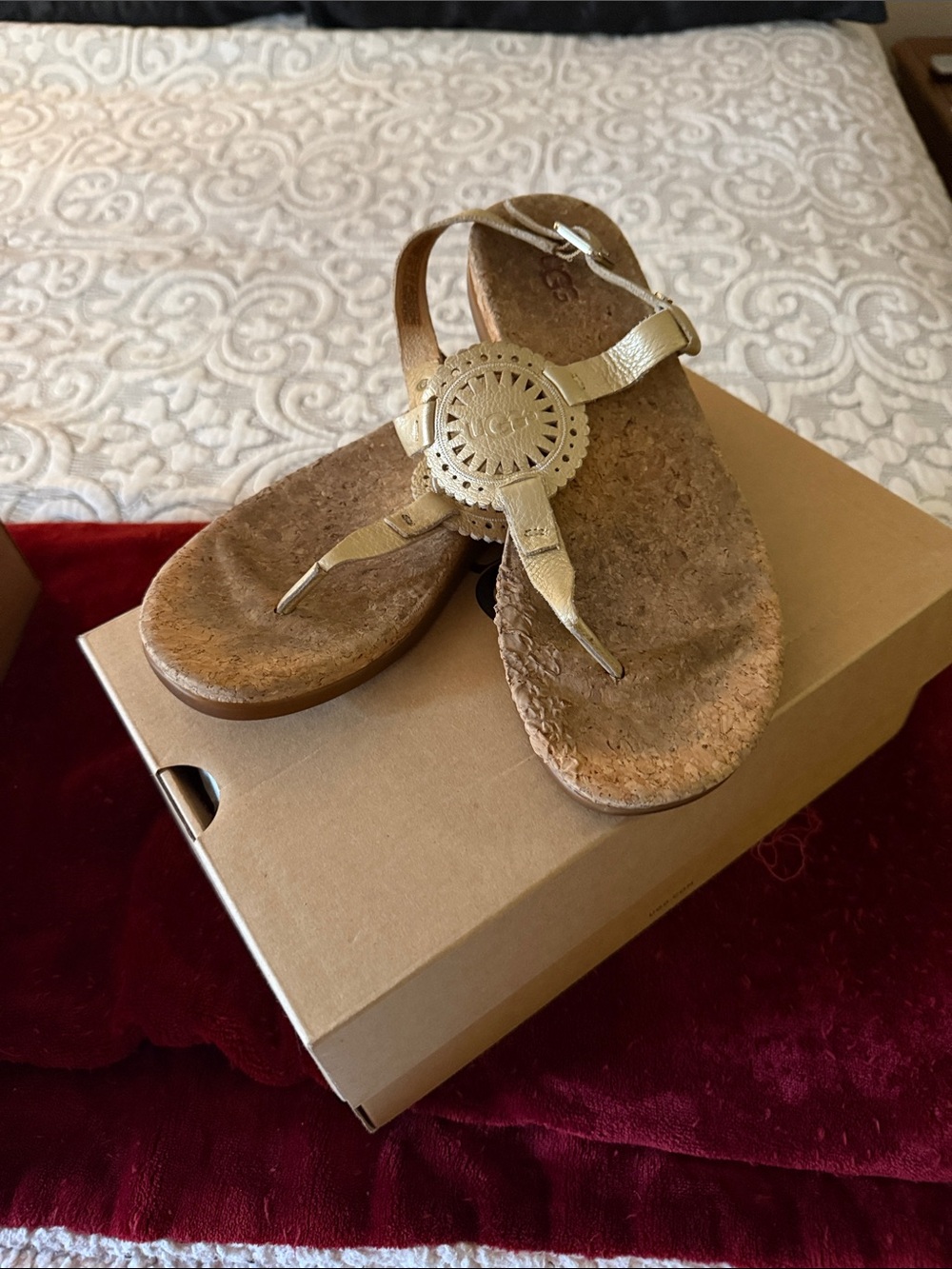 Women's UGG’s Gold Metallic T-Strap Cork Sandals